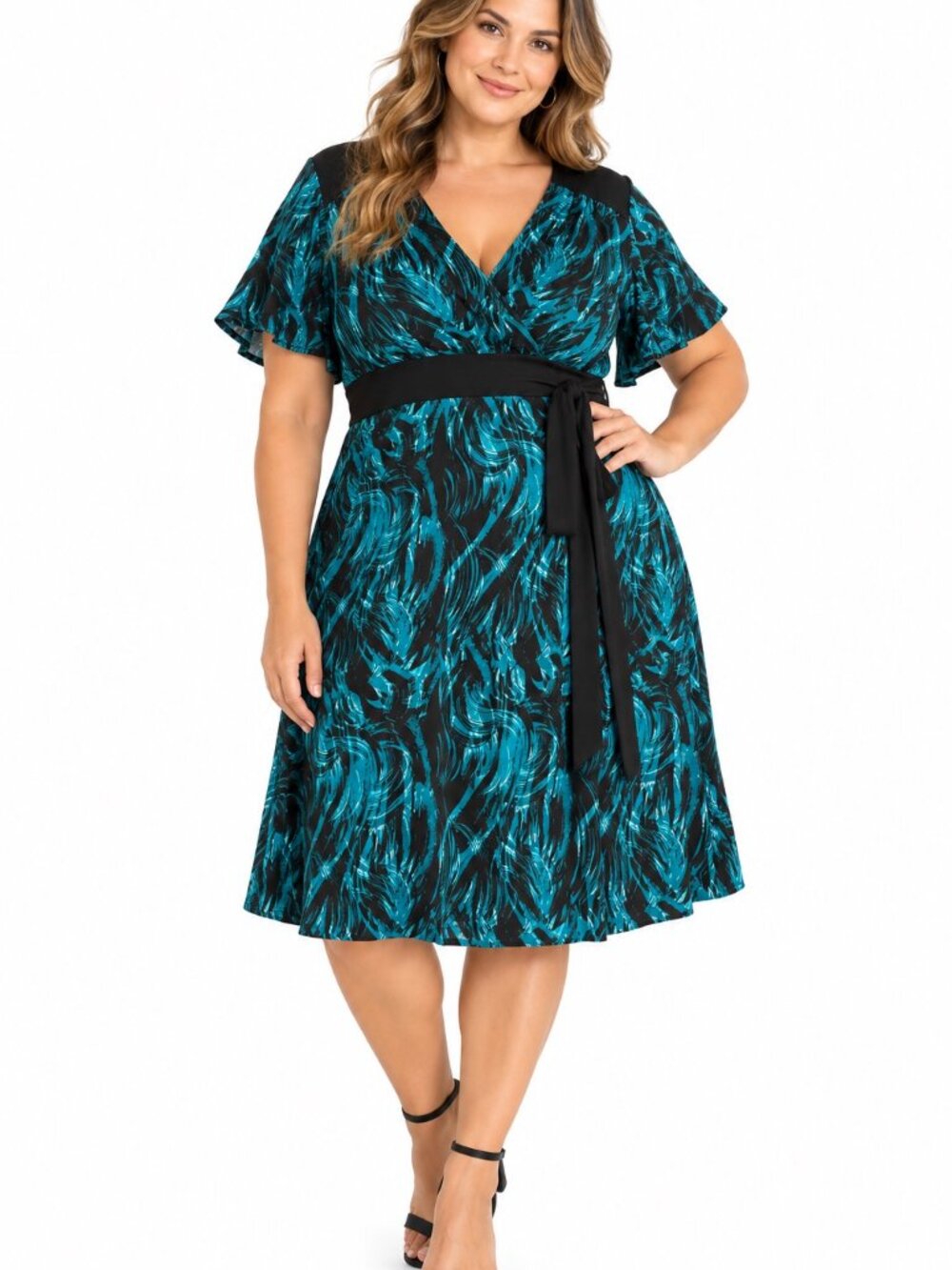 Perseption Women's 1X Black Turquoise Abstract Print Dress Flutter Sleeve Tie